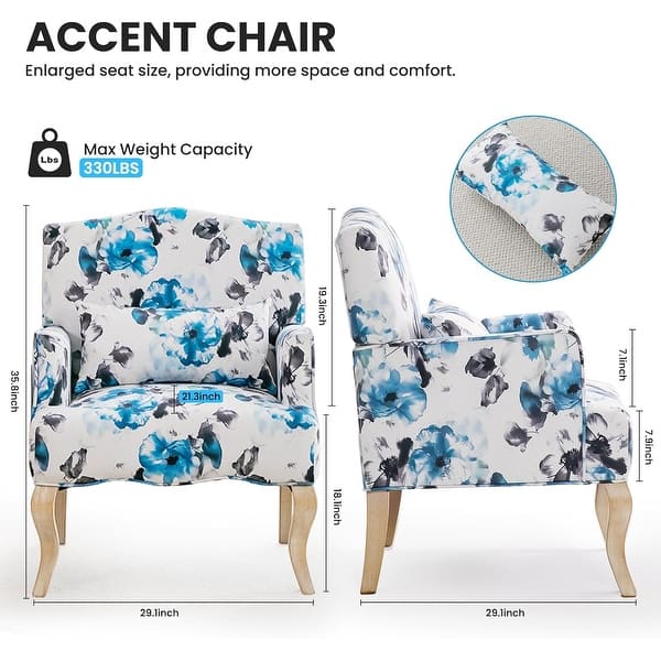 dimension image slide 4 of 5, EROMMY Floral Accent Chair for Living Room, Upholstered Wingback Armchair with Pillow.