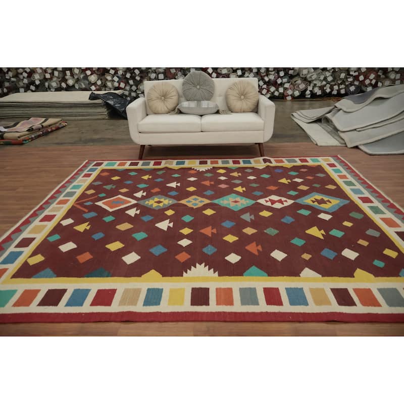 Hand Woven Oriental 100% Wool Carpet Southwestern Tribal Brown Kilim Area Rug - 9' 9'' X 8' 6''