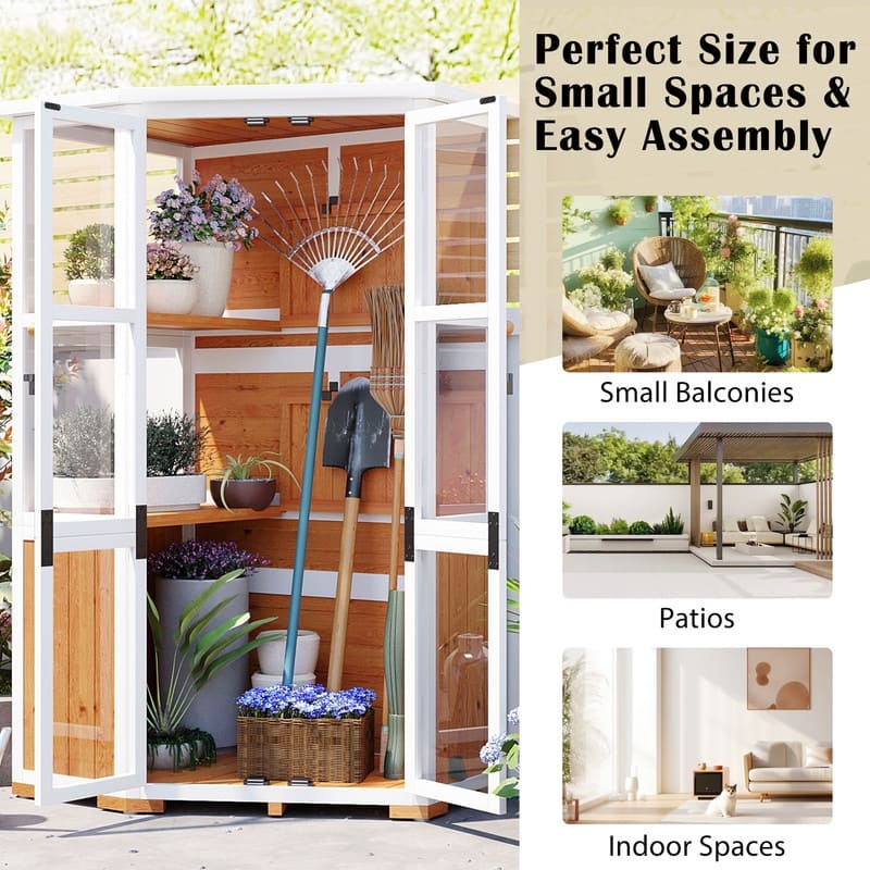 63'' Height Garden Wood Storage Cabinet Outdoor Tool Storage Shed, Mini Greenhouse Cold Frame