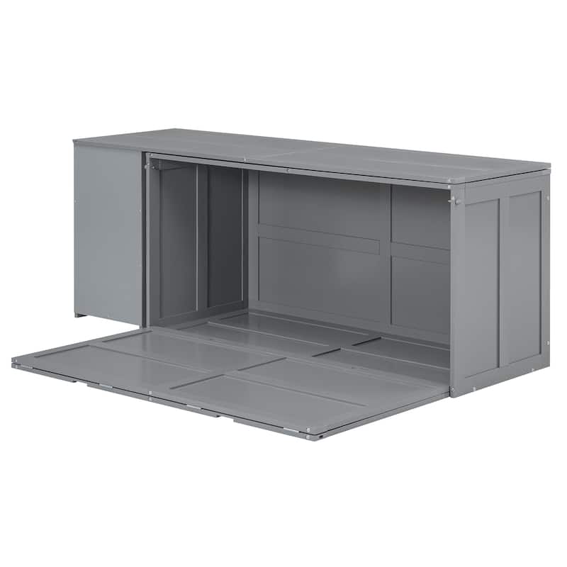 Grey Queen Murphy Bed in Pine Wood & MDF with Rotating Desk and Storage Shelves
