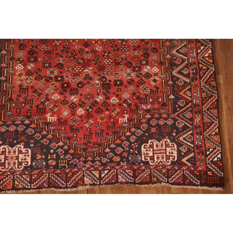 Geometric Red Shiraz Persian Vintage Area Rug Hand-knotted Wool Carpet - 5'0"x 8'5"