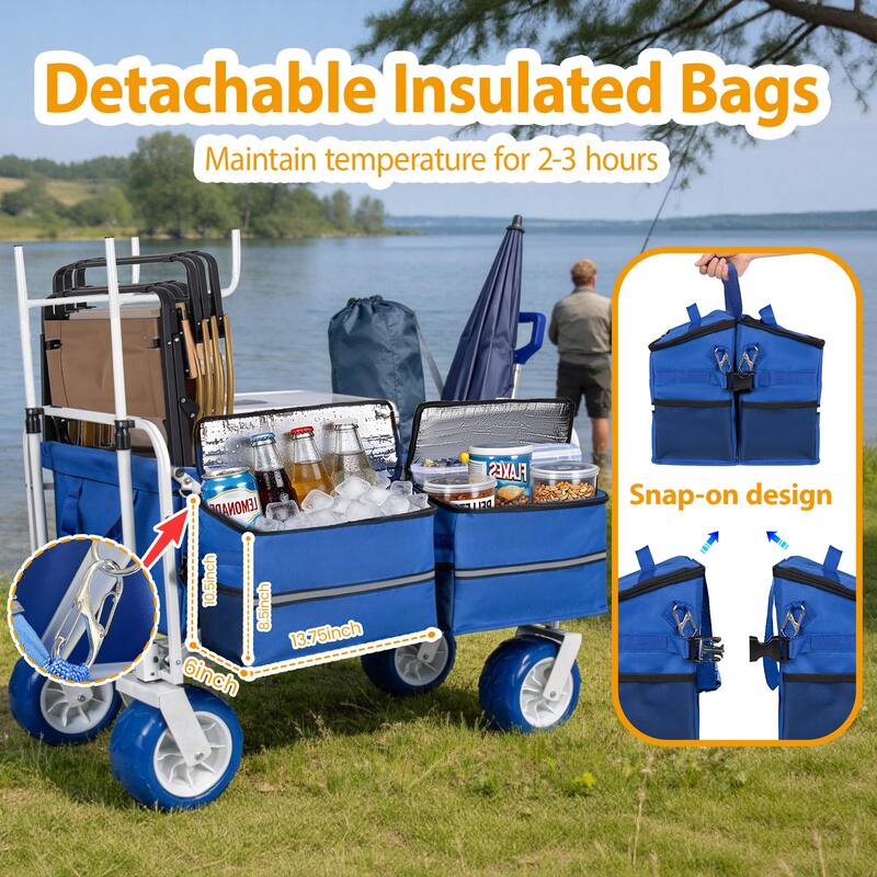 Beach Wagon Cart with Chair Racks and 9" All-Terrain Wheels, 500lbs Heavy Duty Collapsible Folding Wagon, Storage Bags