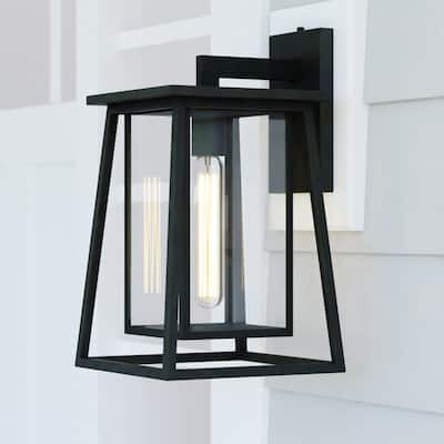 Blackwell Cage Frame 1 Light Dusk to Dawn Black Outdoor Wall Lantern Clear Glass