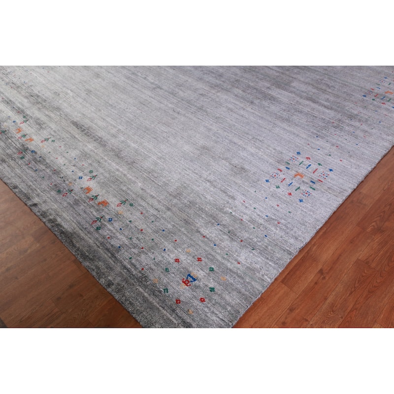 Hand Knotted Oriental Viscose Silk Carpet Tribal Stripe Greys & Charcoal Gabbeh Area Rug - 9' 10'' X 7' 10''