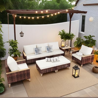 5-Piece High Footed Hollowed Out Rattan Furniture Set - 7-Seat Sofa Set with Cushions