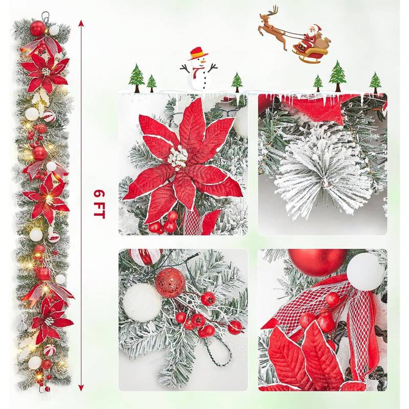 6FT Pre-Lit Christmas Battery Operated Xmas Garland, Red+Gold - N/A