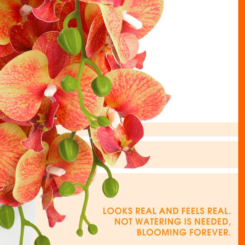 Artificial Orchid Plants and Flowers with Vase, Fake Faux Orchid in Ceramic Pot,19", Orange