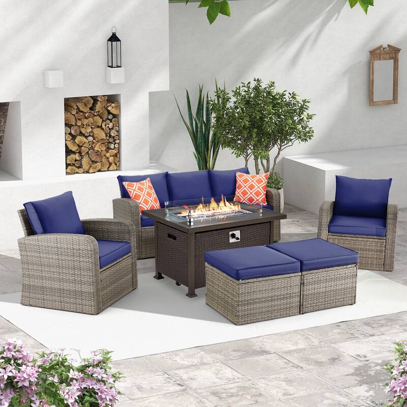 6-Piece Rattan Patio Set with Fire Pit Table, Outdoor Conversation Set with Cushions, Weather-Resistant Sofa Sectional