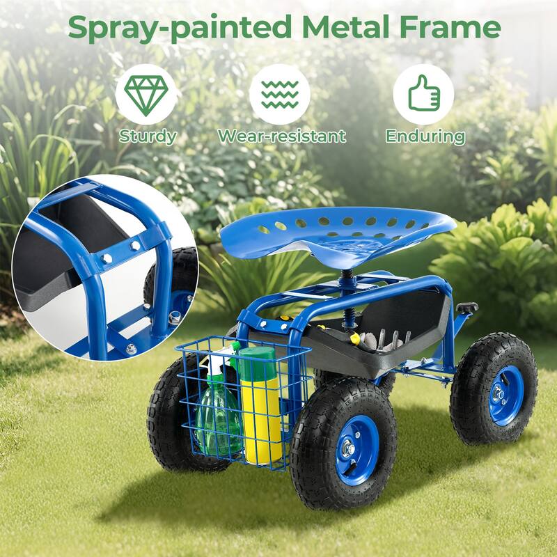 Gymax Cart Wagon Rolling Work Seat w/ Tool Tray Basket Planting Patio