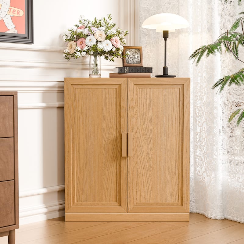 36"H Corner Sideboard Cabinet Free-Standing Corner Storage Organizer - Natural Wood Color