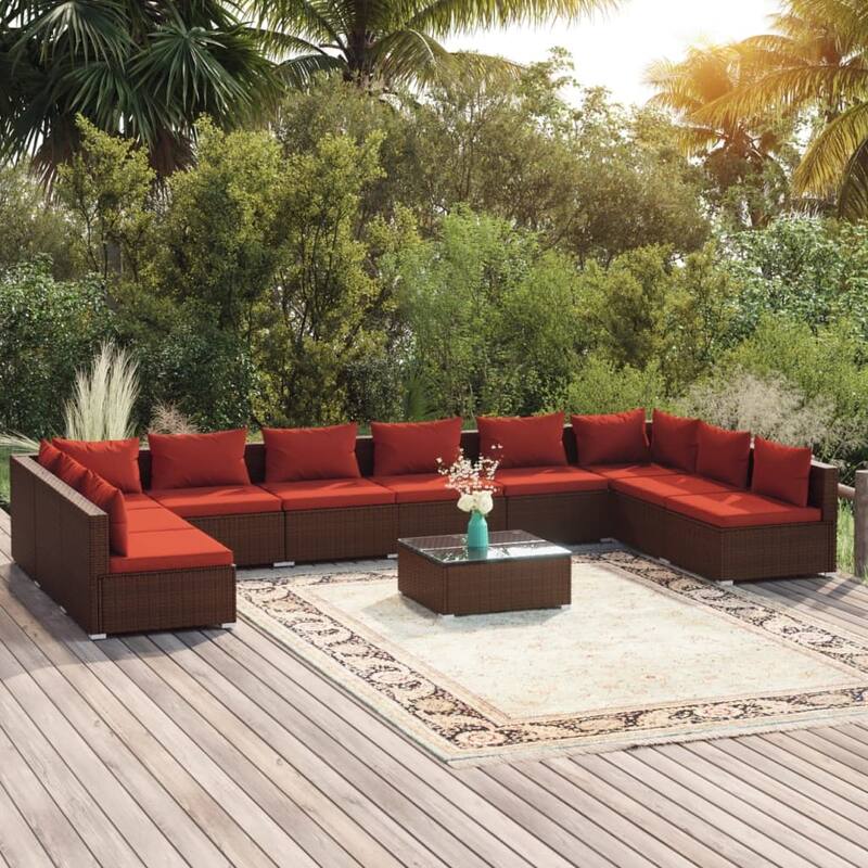 vidaXL 7 Piece Patio Lounge Set with Cushions Poly Rattan Brown - 27.6" x 27.6" x 24" - 27.6" x 27.6" x 24" - Brown/Cinnamon red 11 Piece