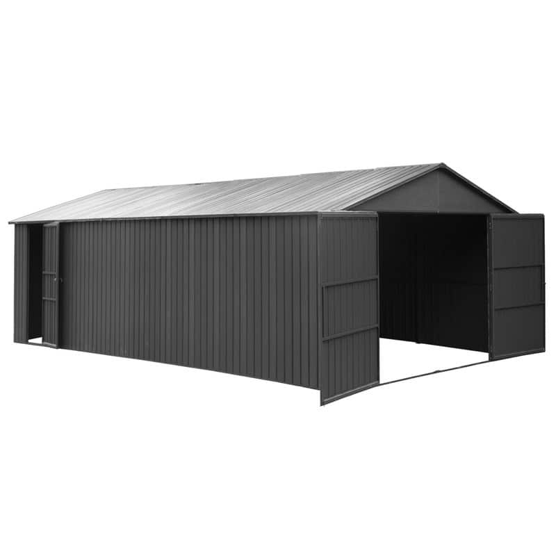 Domi 12x15FT Outdoor Metal Garage Shed,Extra Large Metal Carport with Lockable Double Doors,Heavy Duty Car Shelter,Dark Grey