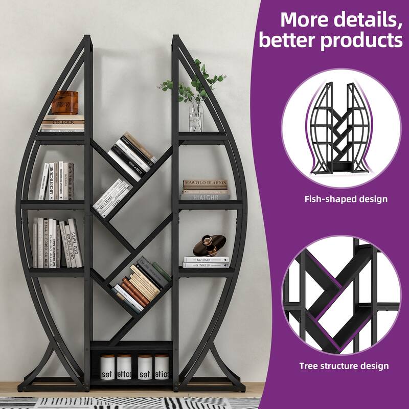Moasis Modern Etagere Bookcase Display Shelves Oval Triple Wide Bookshelf for Home Office, Living Room