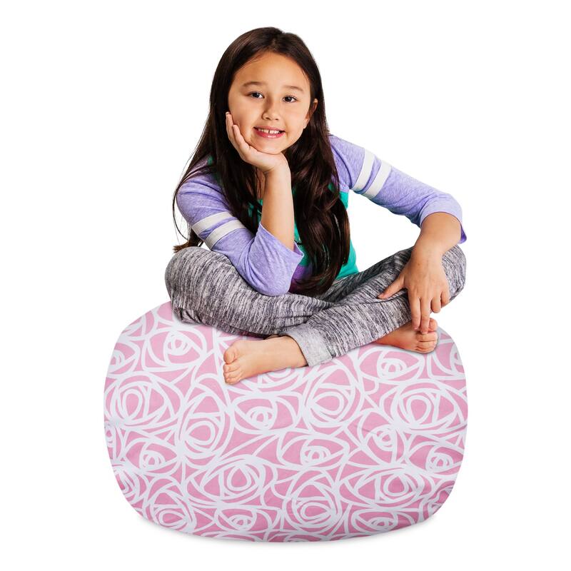Kids Bean Bag Chair Cover Stuffed Animal Storage or Toy Organizer - 27 Inch Medium - Canvas Roses Pink