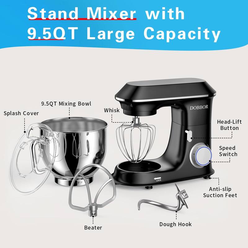 Electric Stand mixer, 9.5QT 660W 7 Speeds TiltHead Dough Mixers, Bread
