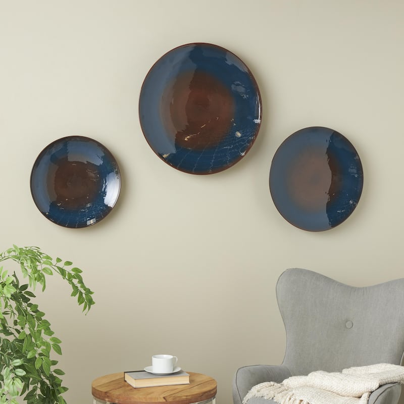 Metal Abstract 3D Circular Disk Home Wall Decor - Set of 3 Gold, Dark Blue, White - Roche River Decor