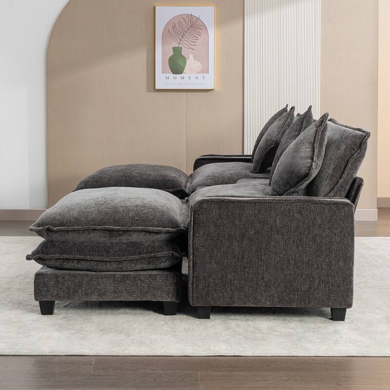 111" Grey Chenille Sectional Sofa with 2 Removable Ottomans, USB Ports, Cup Holders & Storage Box