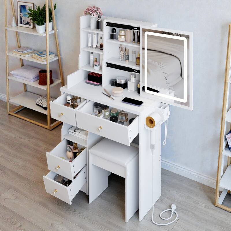 29.2'' Small Vanity Table with LED Mirror, 2 AC & 2 USB Outlets, Drawer & Stool, Touch Control Tri-Color Lighting