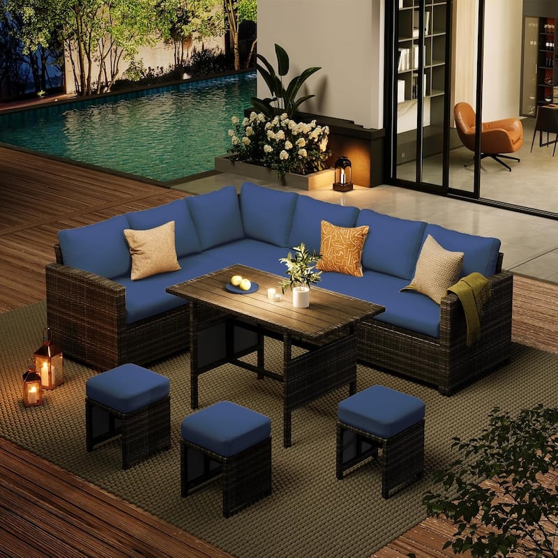 AECOJOY 7-Piece Outdoor Patio Wicker Sectional Sofa with Dining Table