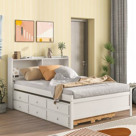Full Size Storage Platform Bed with Bookcase, Twin Trundle and Drawers, Grey