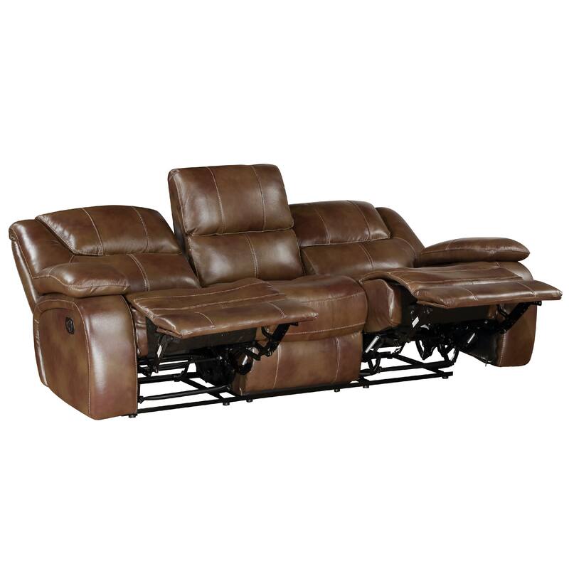 Licot Manual Double Recliner Sofa, Glossy Brown Leather, 87 Inch