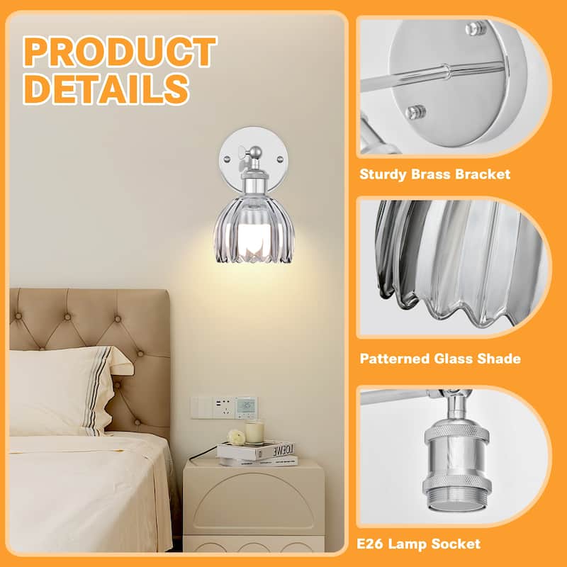 Adjustable Vintage Wall Sconce with Amber Tulip Glass Brass Fixture with Switch Ideal for Bedroom Hallway or Entry