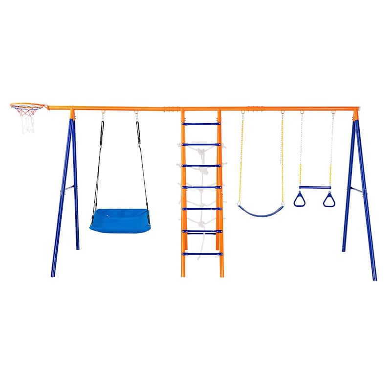 6 in 1 Outdoor Metal Swing Set Includes 2 Swings and Ladder Ideal for Kids - 165.35”L x 70.08”W x 80.31”H
