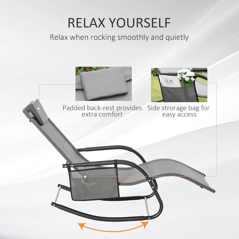 Outdoor Rocking Chaise Lounge Chair with Headrest Armrests and Side Pocket Breathable Mesh Recliner - 59" L x 24.5" W x 34.75" H