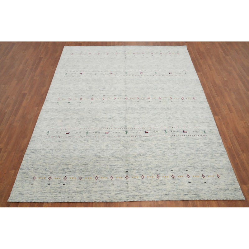 Hand Knotted Oriental 100% Wool Carpet Tribal Animal Pictorial Beige & Ivories Gabbeh Area Rug - 9' 11'' X 7' 11''