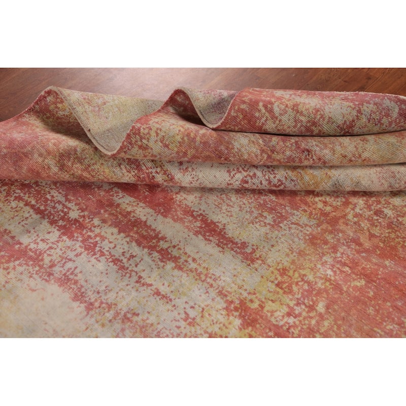 Contemporary Abstract Indian Area Rug Hand-Knotted Orange Wool Carpet - 9'0"x 11'8"