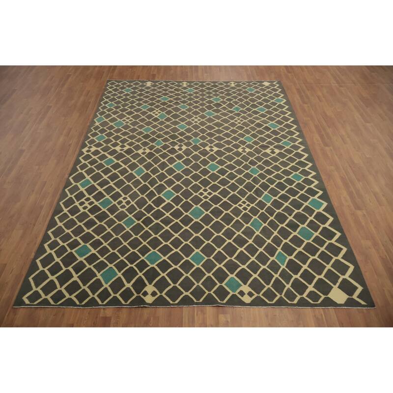 Hand Woven Oriental 100% Wool Carpet Southwestern Tribal Greys & Charcoal Kilim Area Rug - 12' 1'' X 8' 8''