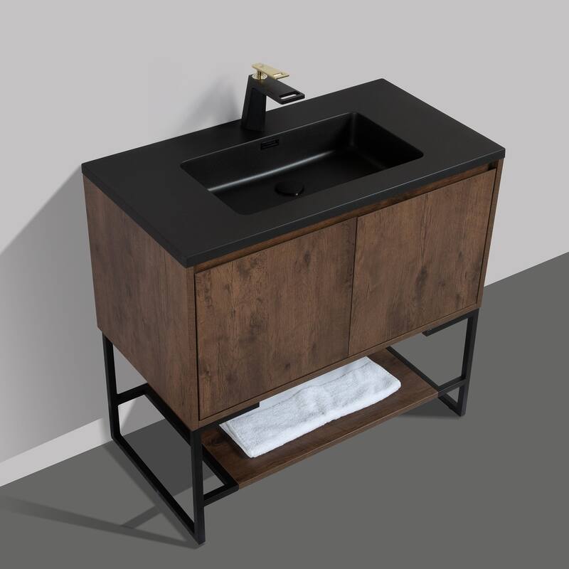 Freestanding Bathroom Vanity Set in Rose Wood with Integrated Solid Surface Sink