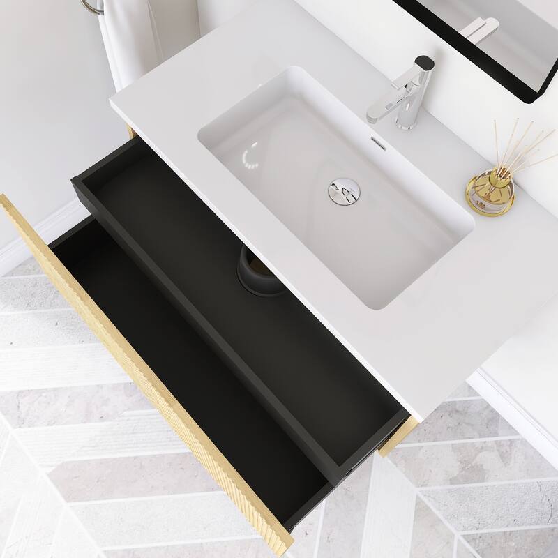 Floating Bathroom Vanity in Yellow Oak with Integrated Resin Top