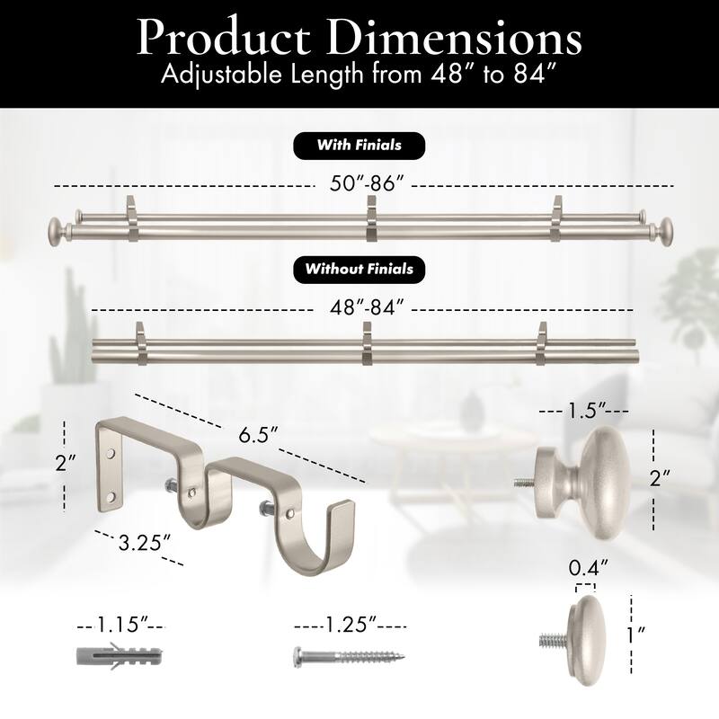 Meriville 1-Inch Diameter Prima Telescoping Double Window Treatment Curtain Rod