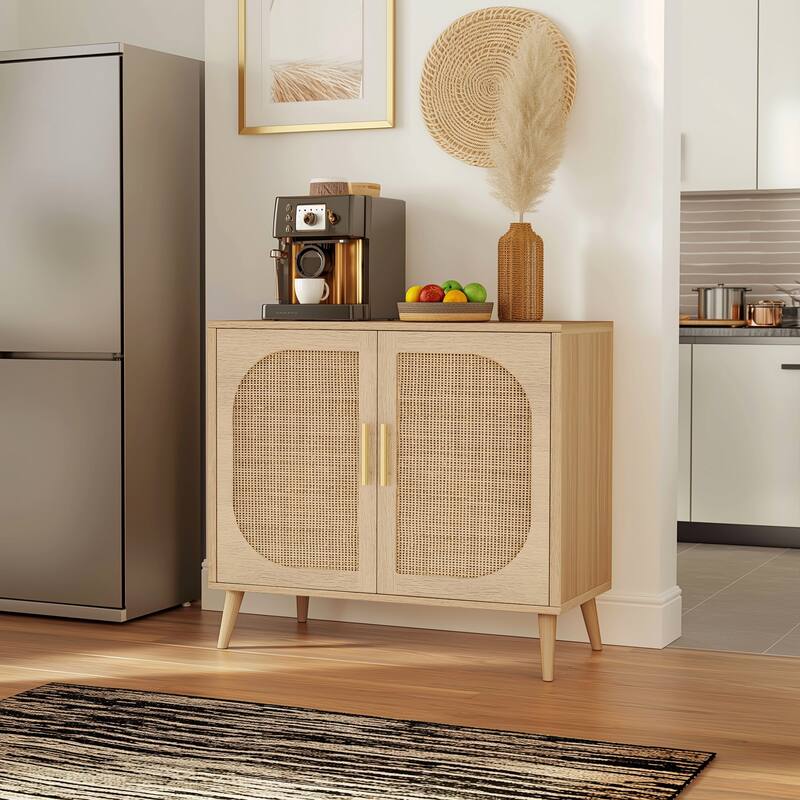 Shoe storage cabinet with 2 Doors and 4 compartments,Rattan Storage Cabinet with Solid Wood Feet