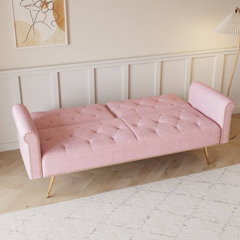 69.7" Velvet Sofa Bed with Nailhead Trim & Pillow - Modern 2-Seater Sleeper