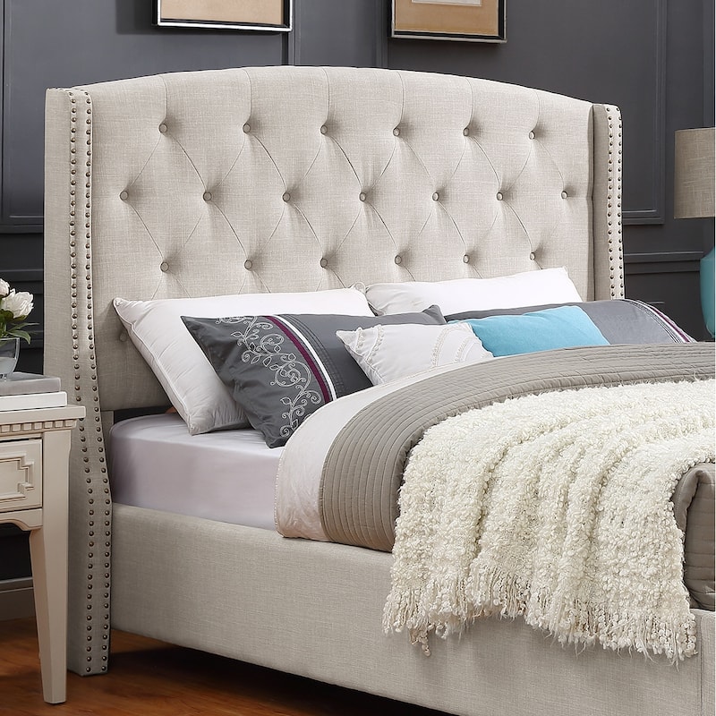 Roundhill Furniture Nantarre Fabric Tufted Wingback Upholstered Bed with Nailhead Trim,Tan