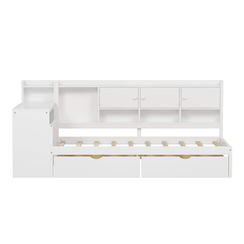 Full Size L-Shaped Daybed with Desk, Bookshelf, Cabinets & Drawers, Multi-Functional Wood Bed with Storage for Kids or Teens