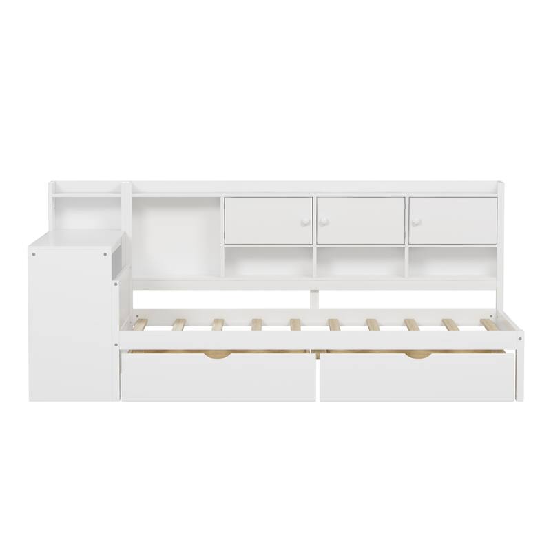 Wooden L Shaped Daybed with Bookcase and 2 Drawers, Multi-functional Corner Platform Sofa Bed Frame with Built In Desk