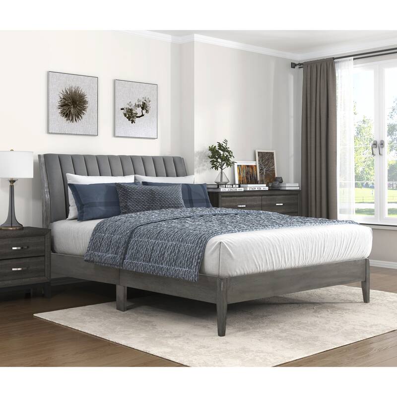 Eastern King Platform Bed with Velvet Upholstered Headboard and Solid Wood Legs