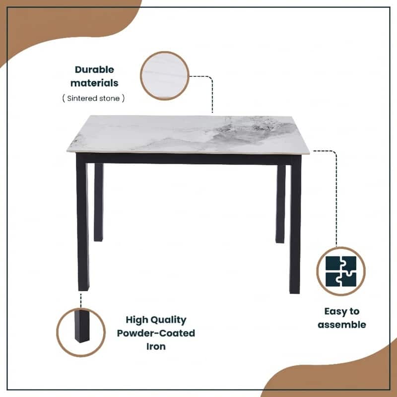 Mina Modern Sintered Stone Rectangular Kitchen Dining Table - Scratch Resistant with Heavy Duty Iron Base - Seats 4-8 People