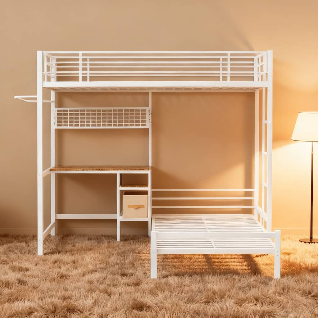 Twin Over Twin L-Shaped Metal Bunk Bed with Desk, Storage Shelves and Safety Guardrail