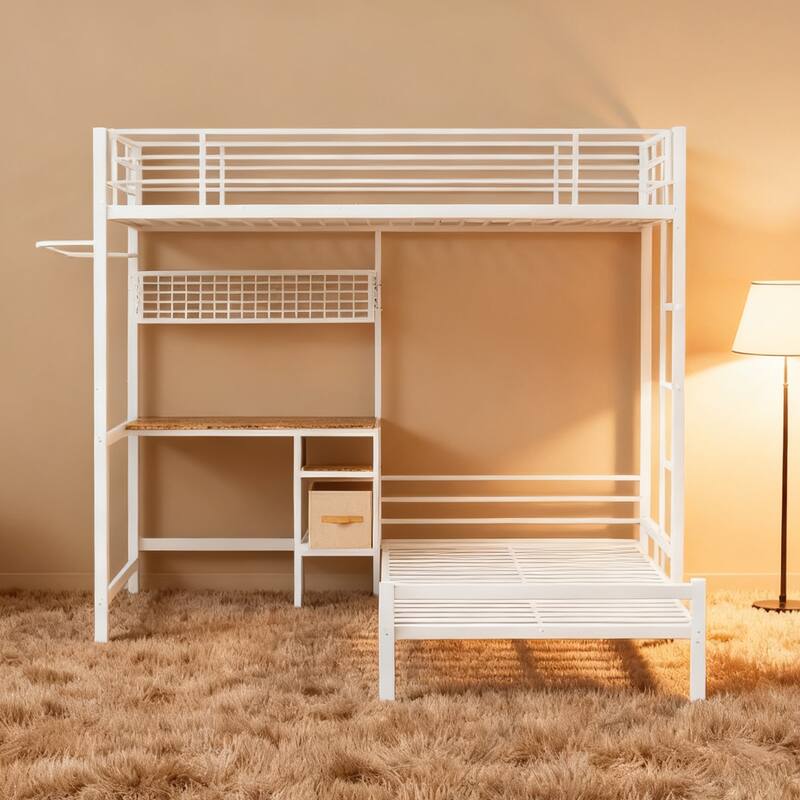 Twin Over Twin L-Shaped Metal Bunk Bed with Desk, Storage Shelves and Safety Guardrail - White