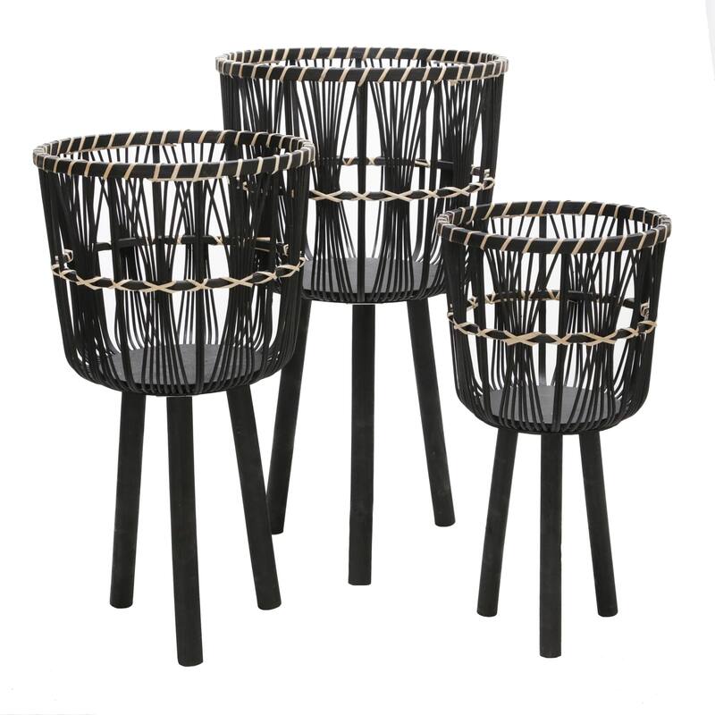 Sagebrook Home Neutral Boho Wicker Planter Stand Set, Versatile Indoor Garden Decor
