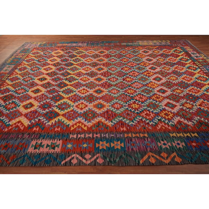 South Western Orange Kilim Oriental Area Rug Hand-Woven Wool Carpet - 10'2" x 12'11"