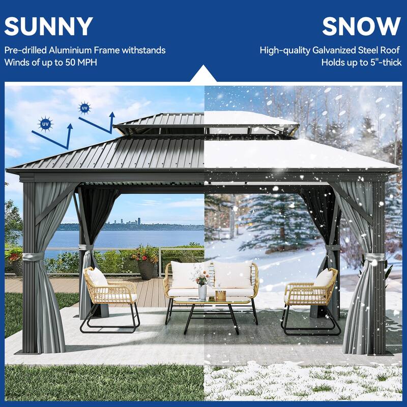 2-Tier Galvanized Aluminum Hardtop Canopy Gazebo with Netting and Curtains