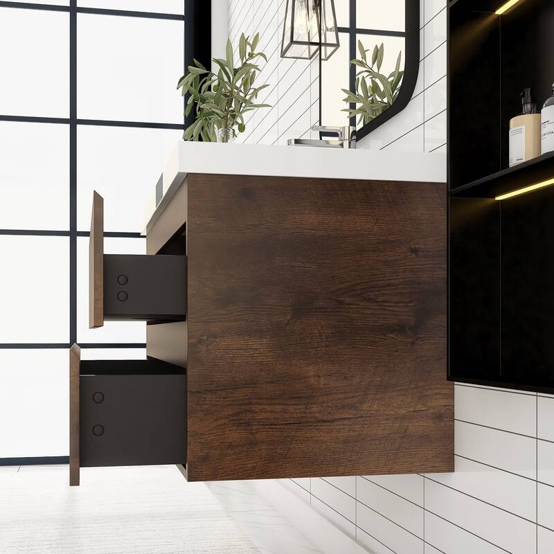 MDF Wall-Mounted Bathroom Vanity Set in Rose Wood with Integrated Culture Marble Sink