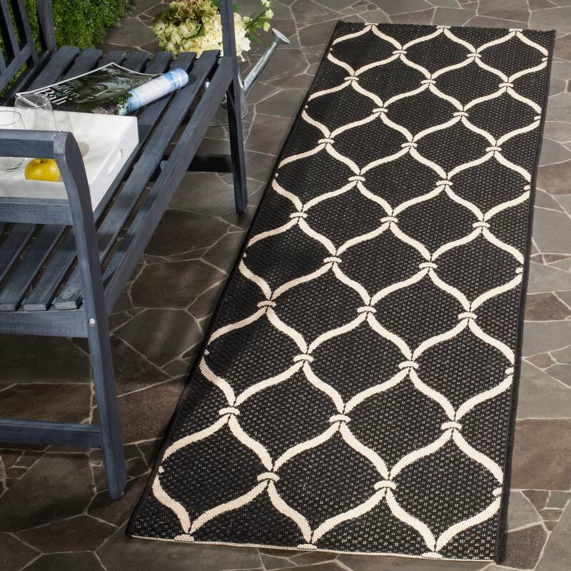 SAFAVIEH Courtyard Liya Indoor/ Outdoor Waterproof Patio Backyard Rug - 2'3" x 8' Runner - Black/Beige