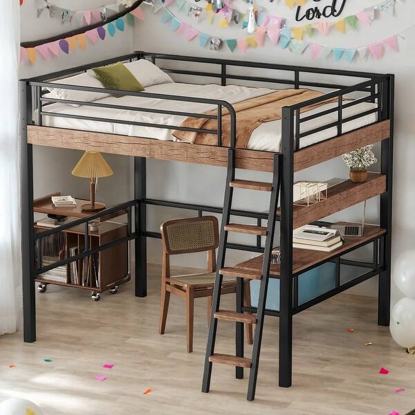 slide 2 of 9, Metal Full Size Loft Bed with Built-in Desk, Storage Shelf, and Ladder, Black Black