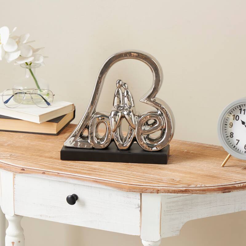 Silver Ceramic Family Love Heart Decorative Sculpture with Black Base - Silver